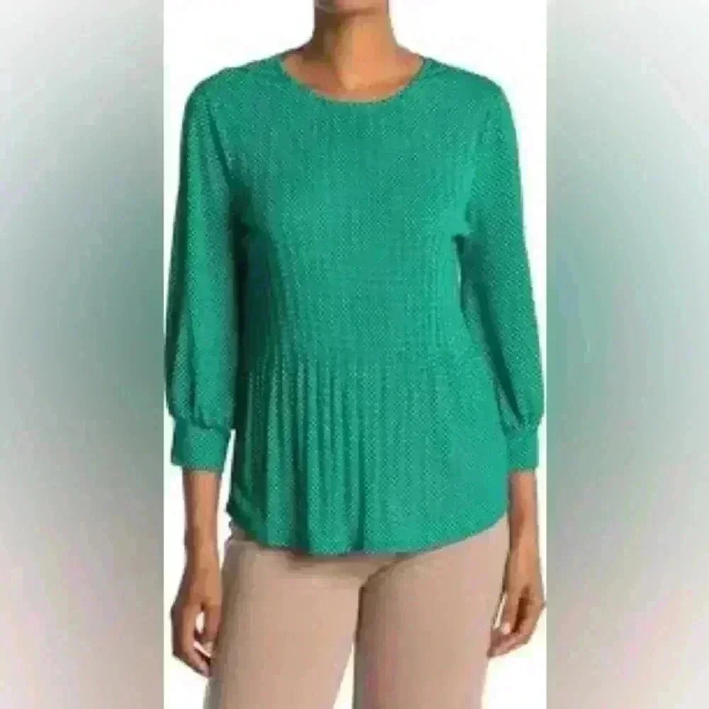 Adriana Papell Kelly Green/White Polka Dot 3/4 Sleeve Blouse Size Small Holiday
